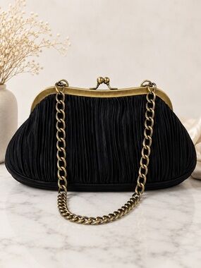 Black Pleated Satin Kiss Lock Evening Bag Chain Strap